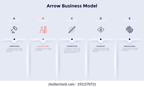Five rectangular elements and arrows placed in horizontal row. Concept of 5 steps of engineering project development. Neumorphic infographic design template. Vector illustration for presentation.