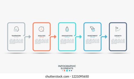 Five rectangular elements connected by arrows. Simple infographic design template. Modern vector illustration for brochure, report, process chart, progress bar, business concept visualization.