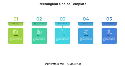 Five rectangular elements placed in horizontal row. Concept of 5 successive steps of project development process. Flat infographic design template. Simple vector illustration for business analytics.