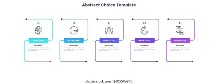 Five rectangular elements placed in horizontal row. Concept of 5 steps of business development process. Simple infographic design template. Modern linear vector illustration for report.