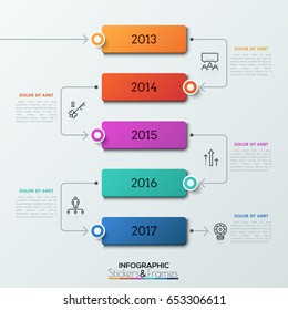 Five rectangular elements with year indication inside successively connected by arrows. Realistic infographic design template. Vector illustration for brochure, banner, annual report, presentation.