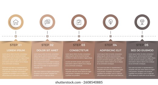 Five rectangular elements for your text and circles for your icons, five steps of a process or workflow, infographic template, vector eps10 illustration