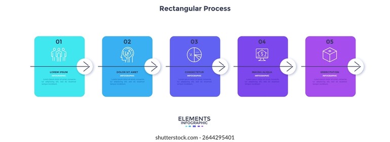 Five rectangular frames with arrows placed in horizontal row. Concept of 5 stages of marketing strategy. Modern flat infographic design template. Simple vector illustration for business presentation.