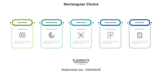 Five rectangular frames or cards with headings arranged in horizontal row. Concept of business model with 5 options to select. Minimal infographic design template. Modern flat vector illustration.