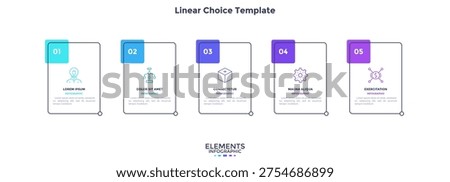Five rectangular frames placed in horizontal row. Visualization of 5-stepped business process. Simple infographic design template. Flat vector illustration for presentation, report.