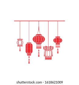 five red Chinese lanterns on a square 
white background