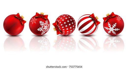 Five red Christmas ball decorated with Winter Snowflakes on a white background. Vector illustration.
