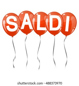 five red colored flying balloons with text sale (in italian)