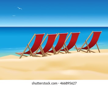 Five red deck chairs on the beautiful beach.