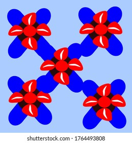 
five red flowers close together that have four petals in the middle of the petal there is a vertical white line and below it there is a black level and two blue rectangles that cross each other