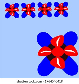 
five red flowers where five which is on the side of the horizontal has four red petals and there is a vertical white line and a black circle and two rectangles that cross the blue