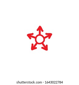 five red hand drawn arrows point out from the center . Expand Arrows icon. Outward Directions icon. Vector illustration. Isolated on white. 