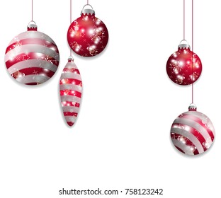 Five Red hanging Christmas baubles. Decorative elements isolated on white background for holiday design. Vector illustration.