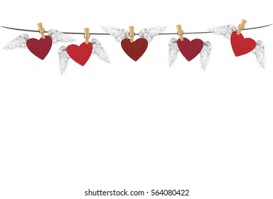 Five Red hearts with wings hanging on a rope. clothes pegs hold it aloft. St. Valentine's Day. Greeting card. Vector illustration on a white background