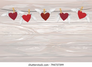 Five Red hearts with wings hanging on a rope. clothes pegs hold it aloft. St. Valentine's Day. Greeting card. Vector illustration on a wodden background.