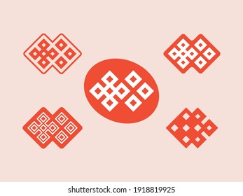 Fünf rote Logos mit geometrischem Ornament in Form von Würfeln