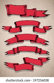 five red old banners with realistic shadows in the old style.vector illustration