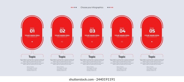 Five red Options of infographic templates design. 5 elements of modern red infographics style, business and finance process, infographic process steps vector, illustration