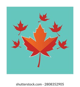 Five red and orange maple leaves arranged in a symmetrical pattern on a light blue background flat