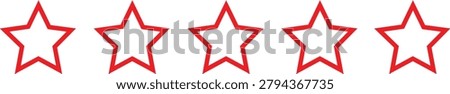 Five red outlined star shapes arranged in a horizontal row, representing a rating system, isolated on a white background