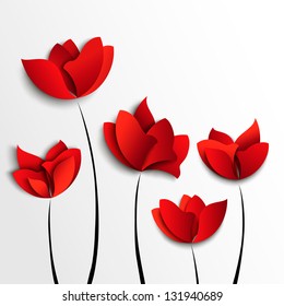 Five Red Paper Flowers On White Background