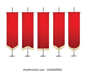 Five red pennants of different forms with gold tassels attached to metal pedestals realistic set isolated vector illustration