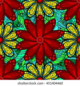 Five red petal flower. Doodle style. Vector illustration. Seamless pattern