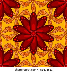 Five red petal flower on orange background. Doodle style. Vector illustration. Seamless pattern