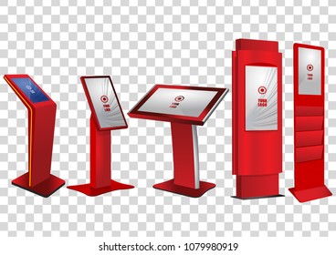 Five Red Promotional Interactive Information Kiosk, Advertising Display, Terminal Stand, Touch Screen Display isolated on transparent background. Mock Up Template.