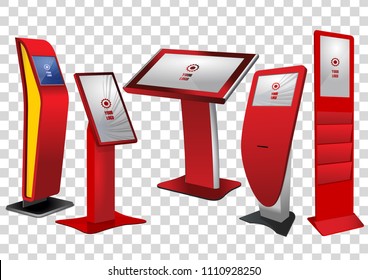 Five Red Promotional Interactive Information Kiosk, Advertising Display, Terminal Stand, Touch Screen Display isolated on transparent background. Mock Up Template.