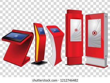 Five Red Promotional Interactive Information Kiosk, Advertising Display, Terminal Stand, Touch Screen Display isolated on transparent background. Mock Up Template.