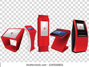 Five Red Promotional Interactive Information Kiosk, Advertising Display, Terminal Stand, Touch Screen Display isolated on transparent background. Mock Up Template.