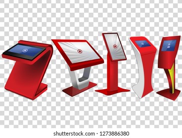 Five Red Promotional Interactive Information Kiosk, Advertising Display, Terminal Stand, Touch Screen Display isolated on transparent background. Mock Up Template.