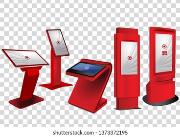Five Red Promotional Interactive Information Kiosk, Advertising Display, Terminal Stand, Touch Screen Display isolated on transparent background. Mock Up Template.