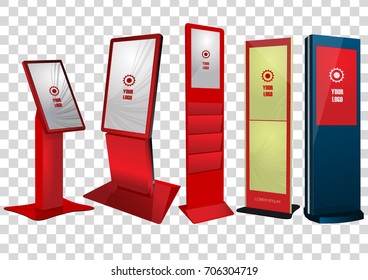 Five red Promotional Interactive Information Kiosk, Advertising Display, Terminal Stand, Touch Screen Display isolated on transparent background. Mock Up Template.