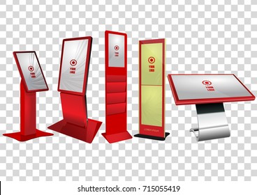 Five Red Promotional Interactive Information Kiosk, Advertising Display, Terminal Stand, Touch Screen Display isolated on transparent background. Mock Up Template.