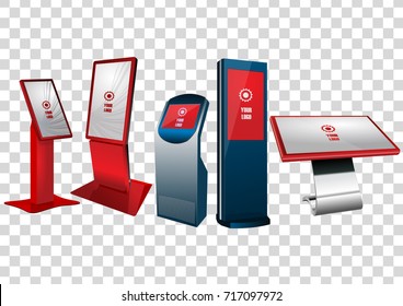 Five Red Promotional Interactive Information Kiosk, Advertising Display, Terminal Stand, Touch Screen Display isolated on transparent background. Mock Up Template.