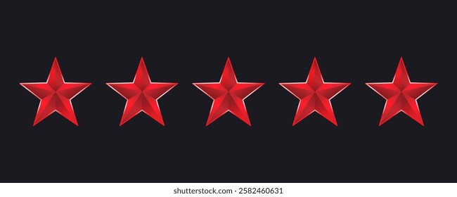 Five red stars. Five star rating for goods and services. Vector illustration. Premium quality. Isolated on dark background	