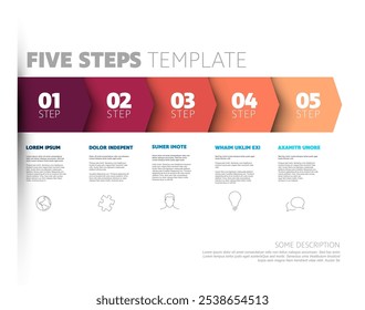 Cinco pasos rojos procedimiento de progreso infochart Plantilla con descripciones iconos títulos y números grandes en las flechas. Infografía simple que describe algún proceso con cinco pasos