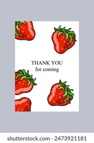 Five red strawberries. Brochure cover, postcards, banner and background design template. Vector illustration on white background.