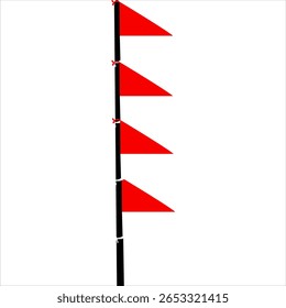 Cinco bandeiras triangulares vermelhas no polo preto isoladas no fundo branco, elemento de design gráfico simples