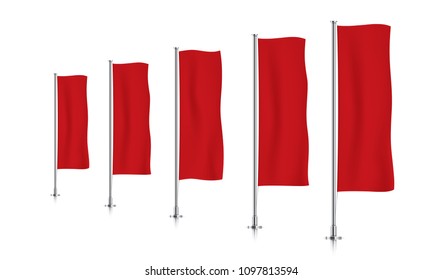 Five red vertical banner flags, standing in a perspective row. Banner flag templates isolated on background. Vertical flags realistic mockup.