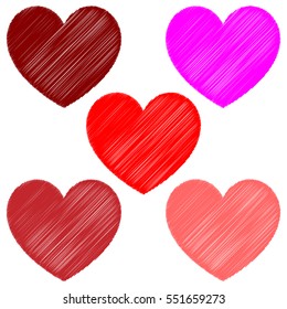 Five red and violet hearts for the medicine or Valentine's Day. Set hearts in art style. Vector eps 10.