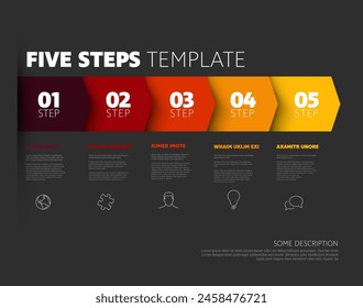 Five red to yellow hot steps progress procedure infochart template with descriptions icons titles and big numbers. Simple inographic describing some process with five steps on dark background