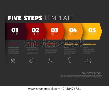 Five red to yellow hot steps progress procedure infochart template with descriptions icons titles and big numbers. Simple inographic describing some process with five steps on dark background