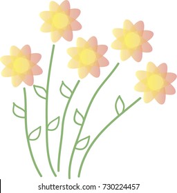 Five  Red and Yellow Sunflowers with Green Stem and Leaves on White Background