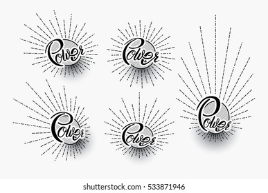 Five renewable energy labels with hand lettered text 'Power' isolated on gray.