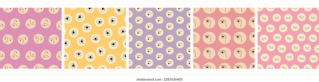 Five repeating patterns, abstract drawing. Simple cute shapes, flat vector, endless backdrop
