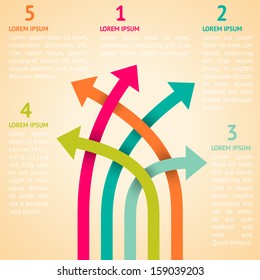 Five retro different way infographics. Vector illustration for vintage indicating information design. Being crossed arrows. Pink, blue, green and orange colors. With option numbers and place for text.