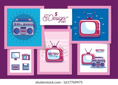 Five retro and digital technology designs, Communication social media internet web and device theme Vector illustration